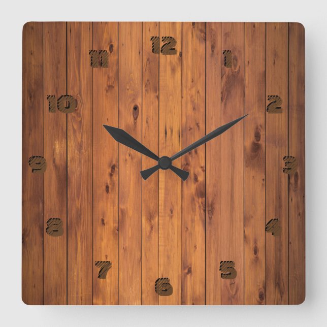 Rustic Faux Cherry Wood Stylized 3d Number Quadratische Wanduhr (Vorderseite)