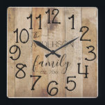 Rustic Faux Wood Barn Farmhouse Custom Family Name Quadratische Wanduhr<br><div class="desc">A rustic, unique, one-of-a-kind personalized design features a faux wood background with and the words, "The ANDERSON family est. 20XX" in black typography. Personalize this clock by adding your own personal information. Makes a great wedding, anniversary, or housewarming gift. Click "personalize this template" to change the names and fonts to...</div>