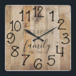 Rustic Faux Wood Barn Farmhouse Custom Family Name Quadratische Wanduhr<br><div class="desc">A rustic, unique, one-of-a-kind personalized design features a faux wood background with and the words, "The ANDERSON family est. 20XX" in black typography. Personalize this clock by adding your own personal information. Makes a great wedding, anniversary, or housewarming gift. Click "personalize this template" to change the names and fonts to...</div>
