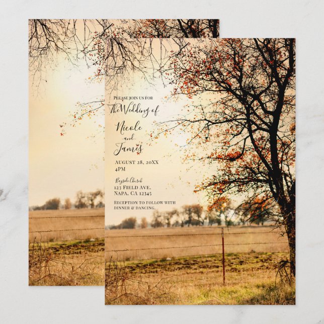 Rustic Field Gold Abend Sonnenuntergang Hochzeit Einladung (Vorne/Hinten)