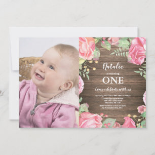 Rustic First 1. Geburtstagseinladung Rosa Blumenmu Einladung