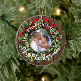 Rustic First Christmas Mr. Couple Wedding Foto Keramik Ornament