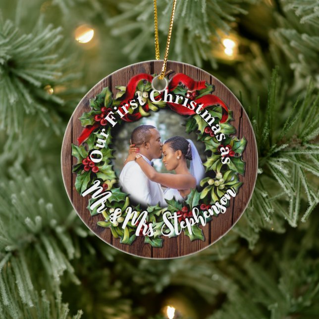 Rustic First Christmas Mr. Couple Wedding Foto Keramik Ornament (Baum)
