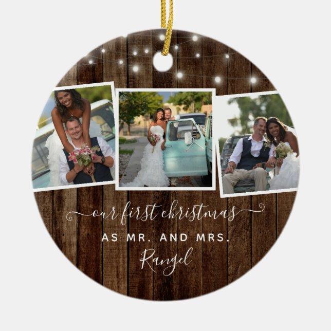 Rustic First Christmas Mr Mrs Photo Collage Lights Keramik Ornament (Vorne)