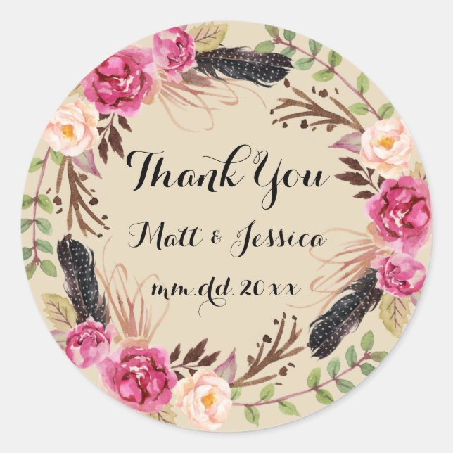 Rustic Floral Boho Hochzeit Vielen Dank Sticker (Vorderseite)