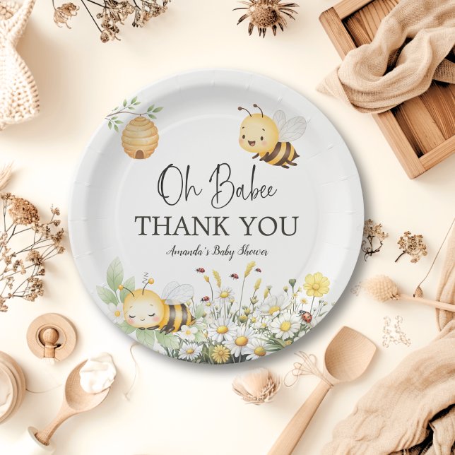 Rustic Floral Daisy Oh Babee Honey Bee Baby Shower Pappteller (Von Creator hochgeladen)