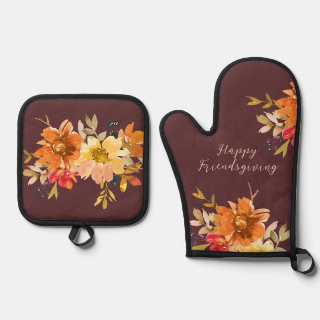 Rustic Floral Friendsgiving  Ofenhandschuh & Topflappen-Set (Vorderseite)