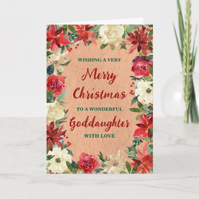 Rustic Floral Godtochter Frohe Weihnachten Karte (Vorderseite)