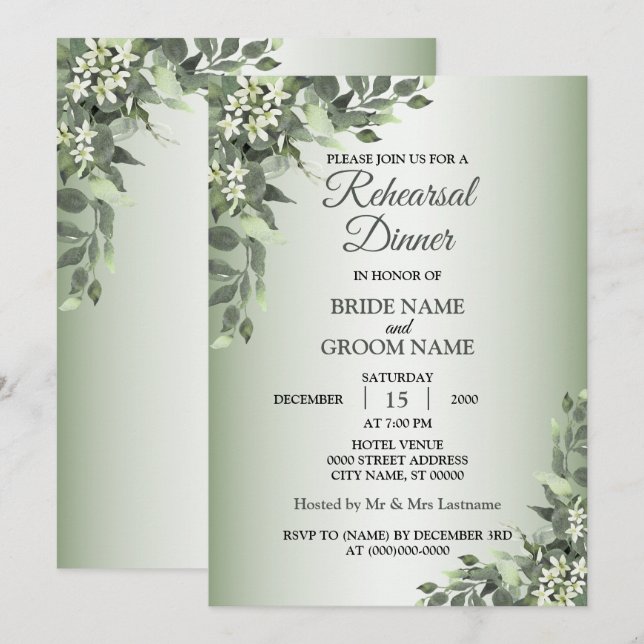 Rustic Floral Greenery Leaves Rehearsal Dinner Einladung (Vorne/Hinten)