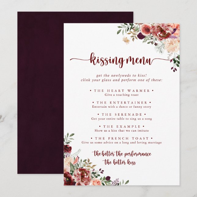 Rustic Floral Mariage Kissing Menu Carte de jeu (Devant / Derrière)