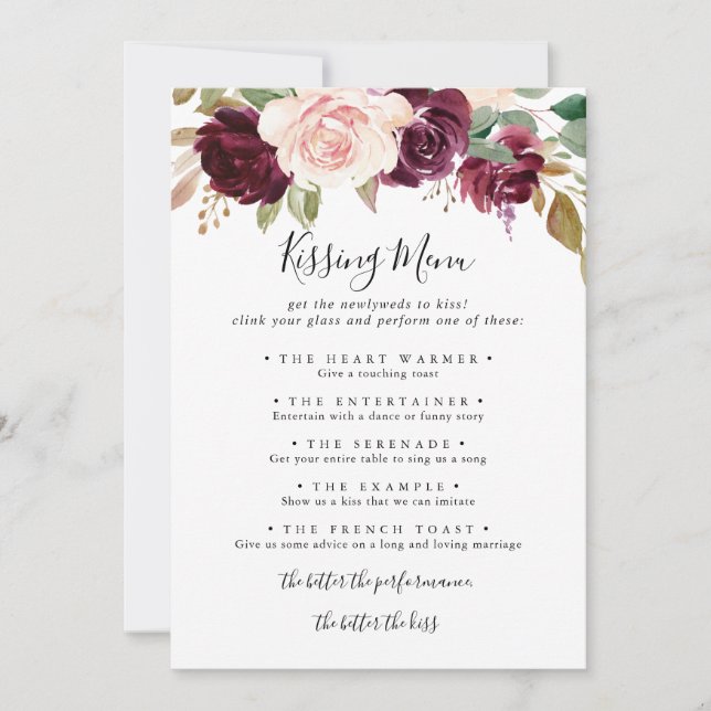 Rustic Floral Mariage Kissing Menu Carte de jeu (Devant)