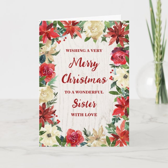 Rustic Floral Sister Frohe Weihnachten Karte (Vorderseite)