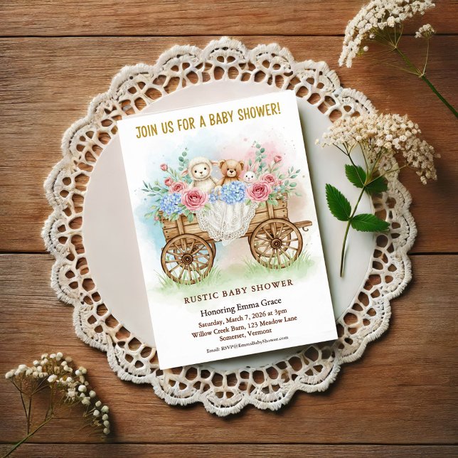 Rustic Floral Wagon Baby Shower Invitation Postkarte (Von Creator hochgeladen)