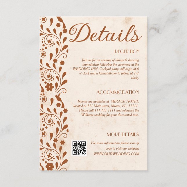 Rustic Floral Wedding Details QR code Begleitkarte (Vorderseite)