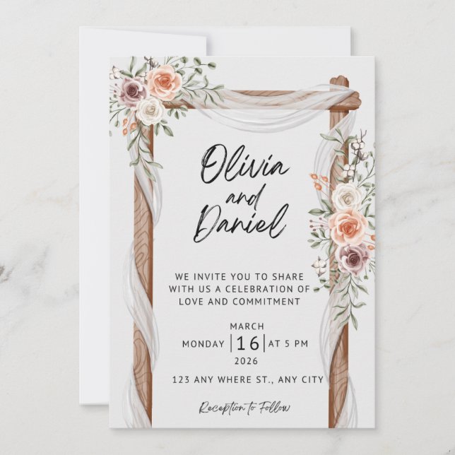 Rustic Floral Wedding Invitation, Elegant Boho Wed Einladung (Vorderseite)