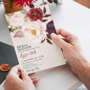 Rustic Floral Wood Marsala Burgundy Bridal Shower Einladung