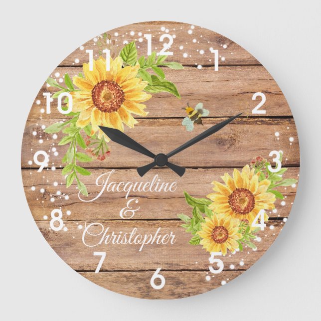 Rustic Floral Yellow Sunflower Large Clock Große Wanduhr (Vorderseite)