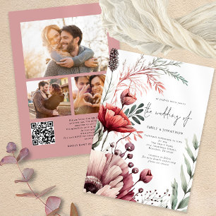 Rustic Florals 3 Fotos QR Code Burgundy Wedding Einladung