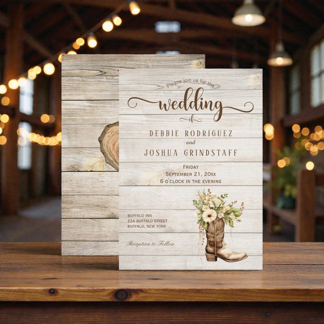 Rustic Flower Boot on Wood Wedding Invitation Einladung (Von Creator hochgeladen)
