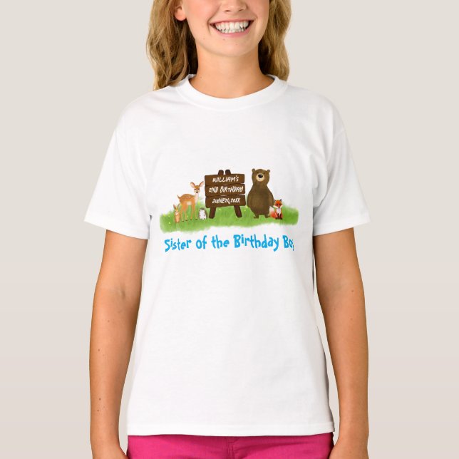 Rustic Forest Birthday Party Animals Sister T-Shirt (Vorderseite)