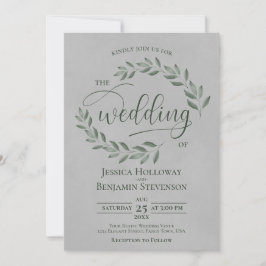 Rustic Forest Green Leaves Elegant Gray Wedding Einladung