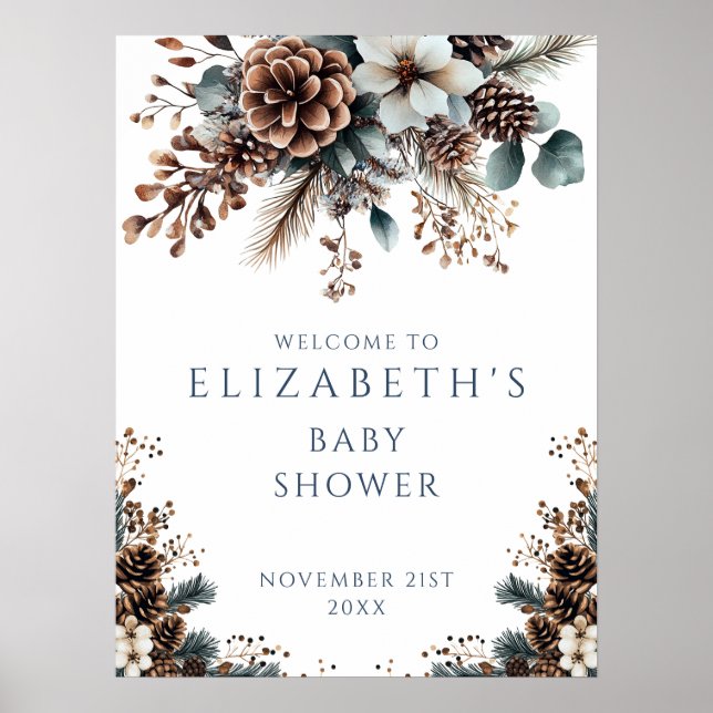 Rustic Forest Winter Baby Dusche Begrüßungszeichen Poster (Vorne)