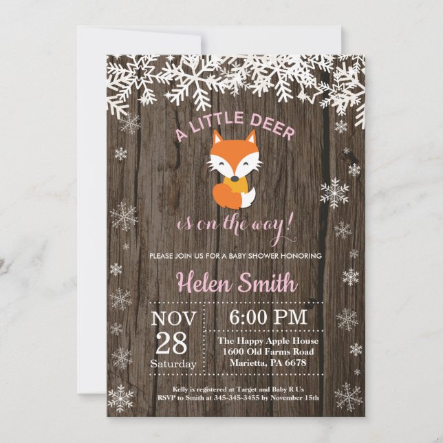 Rustic Fox Winter Girl Babydusche Einladung (Vorderseite)