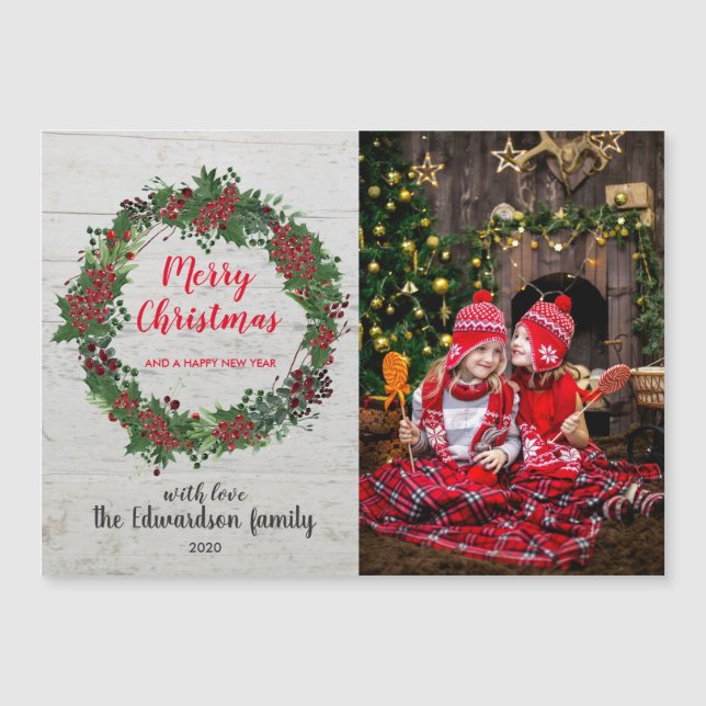 Rustic Frohe Weihnachten Familie Magnetkarte (Vorderseite)