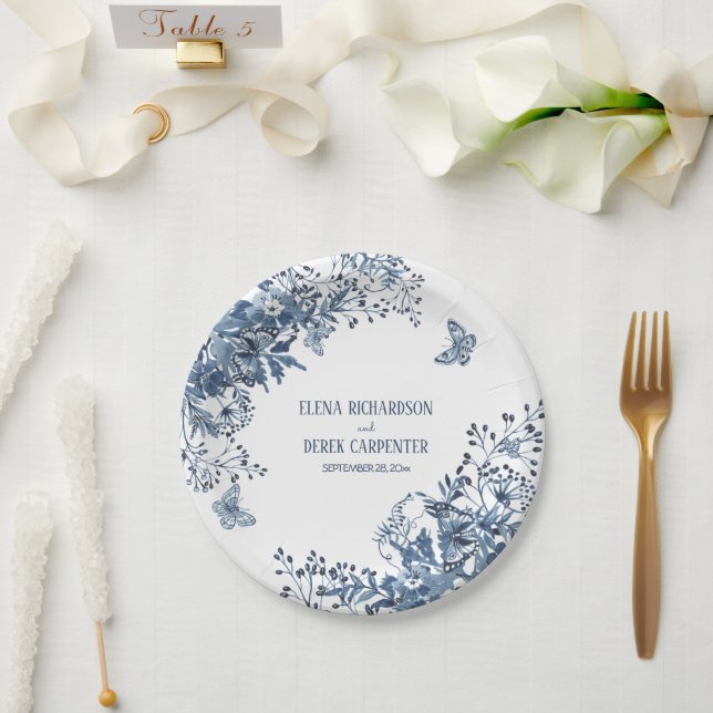 Rustic Garden Blue White Watercolor Blühende Hochz Pappteller (Hochzeit)