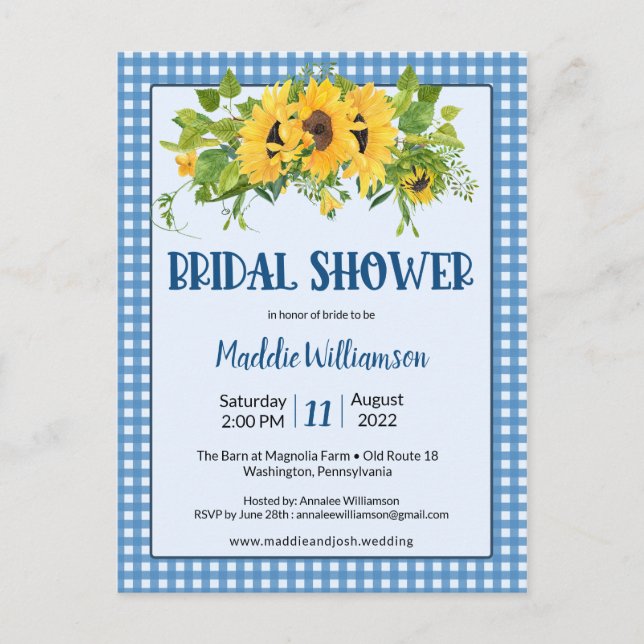Rustic Gingham Sunflowers Bridal Dusche Einladung Postkarte (Vorderseite)