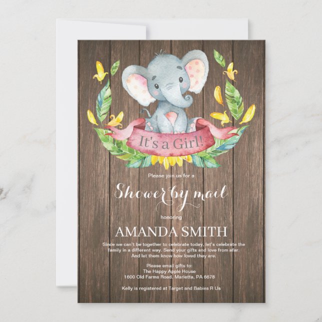 Rustic Girl Elephant Baby Shower by Mail Einladung (Vorderseite)