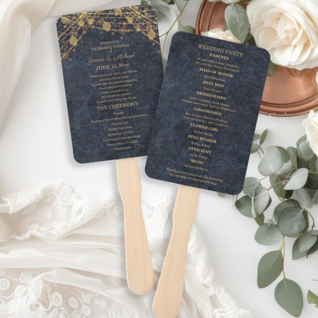 Rustic Glam Blue Gold Hochzeitsprogramm Fächer (Rustic glam navy blue and gold string lights wedding program hand fans printed on front and back)