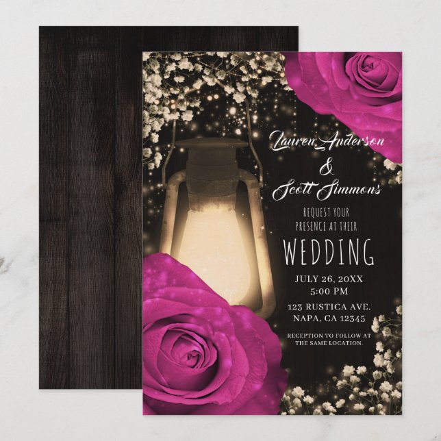 Rustic Glow Lantern Fuchsia Berry Wedding Einladung (Vorne/Hinten)