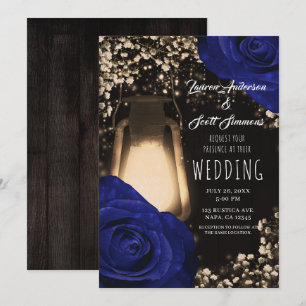 Rustic Glow Laterne & Navyblaue Rosen Hochzeits Ei Einladung