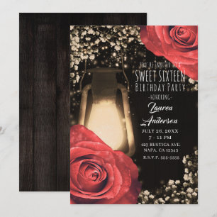 Rustic Glow Laterne & Rote Rosen Sweet 16 Einladung