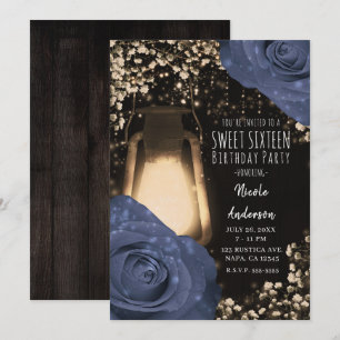 Rustic Glow Laterne & Steele Blue Roses Sweet 16 Einladung