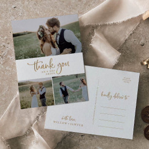 Rustic Gold 3 Foto Collage Wedding Vielen Dank Postkarte
