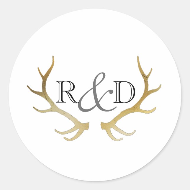 Rustic Gold Antler | Elegante erste Hochzeit Runder Aufkleber (Vorderseite)