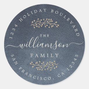 Rustic Gold Berries Sprig Dark Blue Christmas Runder Aufkleber