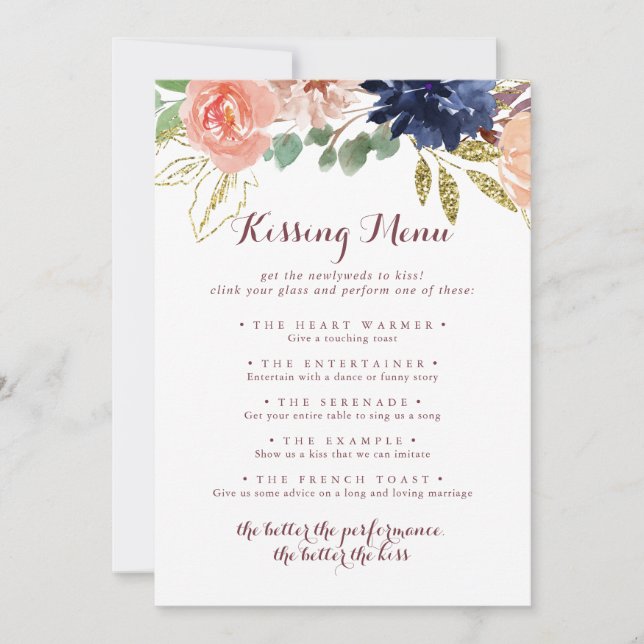 Rustic Gold Feuille Mariage Kissing Menu Carte de  (Devant)