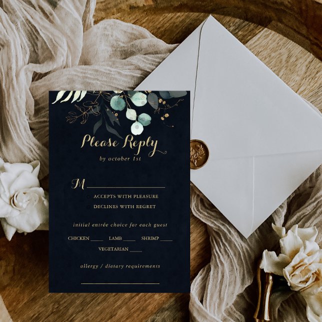 Rustic Gold Floral Wedding Blue Menü UAWG RSVP Karte (Von Creator hochgeladen)