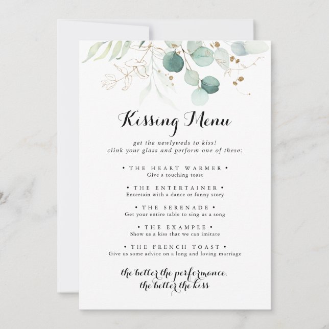 Rustic Gold Floral Wedding Kissing Menu Game Card (Vorderseite)