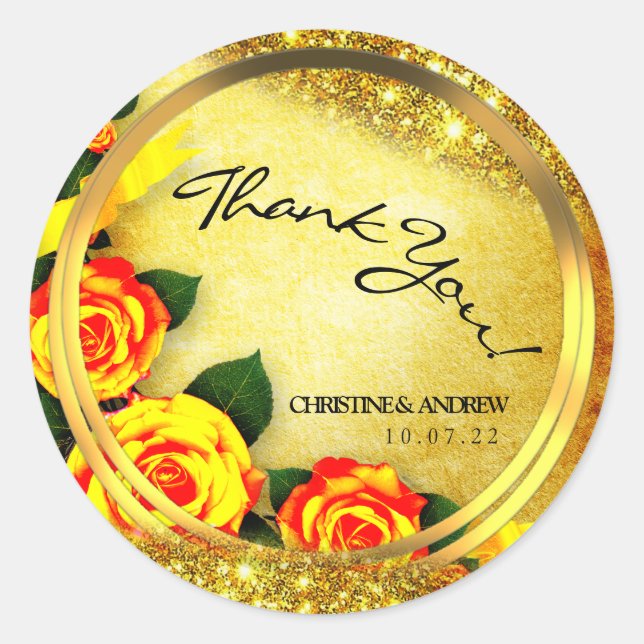 Rustic Gold Glitter Roses Thank You Wedding  Runder Aufkleber (Vorderseite)