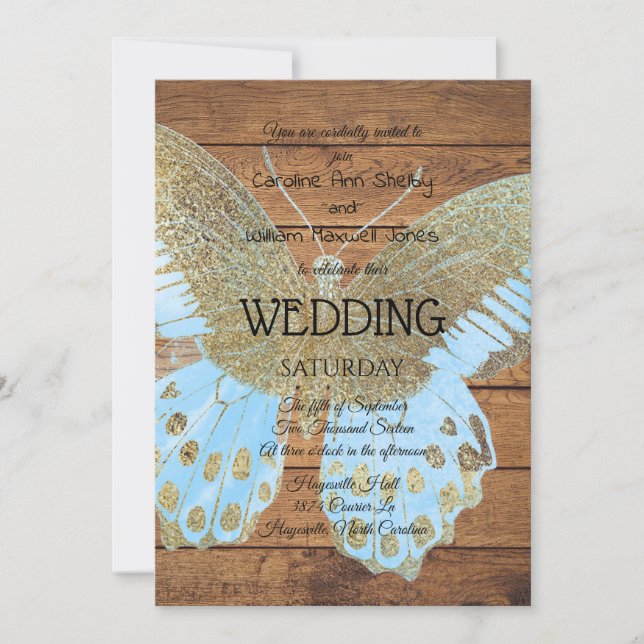 Rustic Gold Glitzer Butterfly Hochzeit Einladung (Vorderseite)