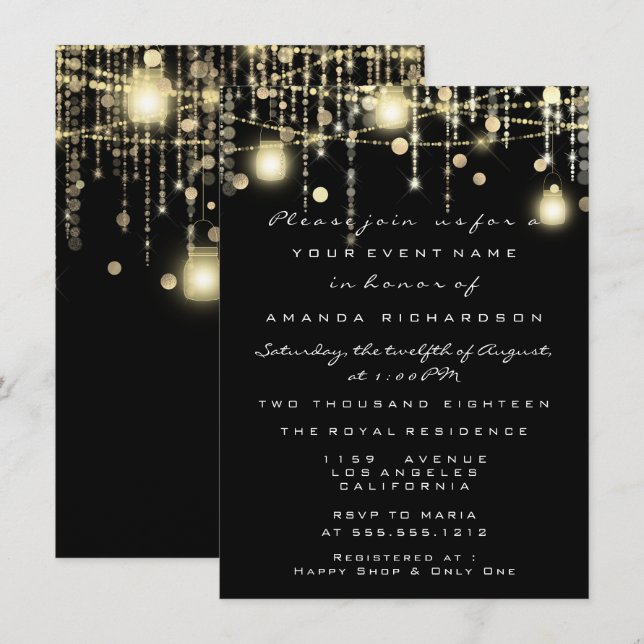 Rustic Gold Lights Jar Black Rose Hochzeit Einladung (Vorne/Hinten)