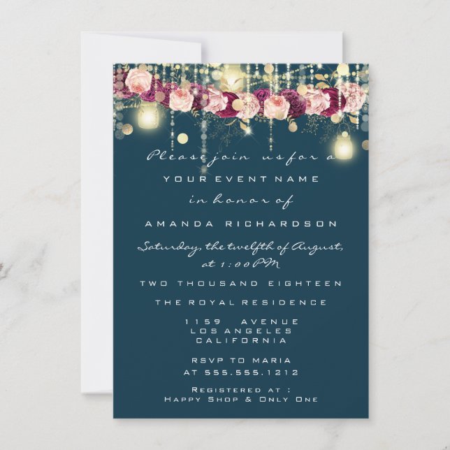 Rustic Gold Lights Jar Navy Rose Hochzeit Einladung (Vorderseite)