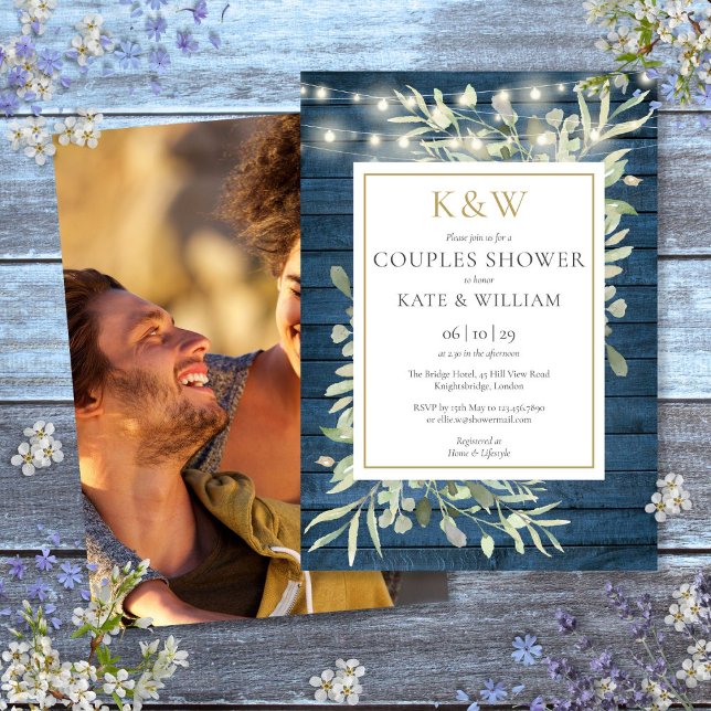 Rustic Gold Monogram Greenerity Foto Couples Dusch Einladung (Rustic Gold Monogram Greenery Photo Couples Shower Invitation)