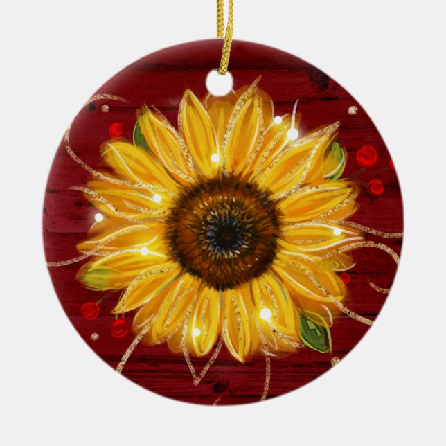 Rustic Gold Red Wood Name Sunflower Weihnachten Keramik Ornament (Vorne)