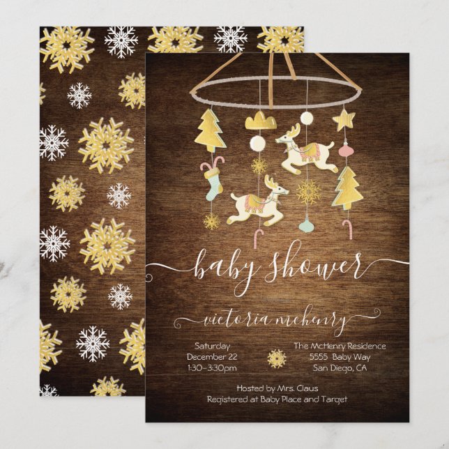 Rustic Gold Weihnachts Weihnachtsfest Mobile Baby  Einladung (Vorne/Hinten)