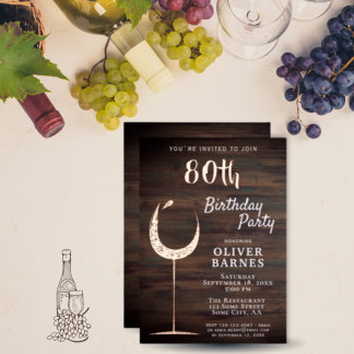 Rustic Gold Wine Glass Wood 80th Birthday Folieneinladung